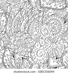 Tracery seamless pattern. Mehndi design. Ethnic monochrome binary doodle texture. Curved doodling black and white background. Vector