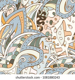 Tracery seamless pattern. Mehndi design. Ethnic colorful doodle texture. Curved doodling background. Vector