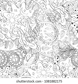 Tracery seamless pattern. Mehndi design. Ethnic monochrome binary doodle texture. Curved doodling black and white background. Vector