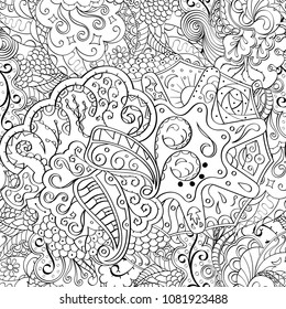 Tracery seamless pattern. Mehndi design. Ethnic monochrome binary doodle texture. Curved doodling black and white background. Vector