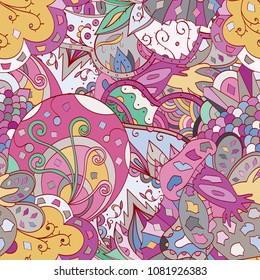Tracery seamless pattern. Mehndi design. Ethnic colorful doodle texture. Curved doodling background. Vector