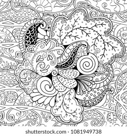 Tracery seamless pattern. Mehndi design. Ethnic monochrome binary doodle texture. Curved doodling black and white background. Vector