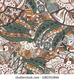 Tracery seamless pattern. Mehndi design. Ethnic colorful doodle texture. Curved doodling background. Vector