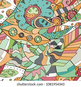 Tracery seamless pattern. Mehndi design. Ethnic colorful doodle texture. Curved doodling background. Vector