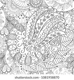 Tracery seamless pattern. Mehndi design. Ethnic monochrome binary doodle texture. Curved doodling black and white background. Vector