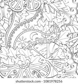 Tracery seamless pattern. Mehndi design. Ethnic monochrome binary doodle texture. Curved doodling black and white background. Vector