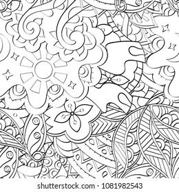 Tracery seamless pattern. Mehndi design. Ethnic monochrome binary doodle texture. Curved doodling black and white background. Vector