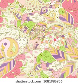 Tracery seamless pattern. Mehndi design. Ethnic colorful doodle texture. Curved doodling background. Vector
