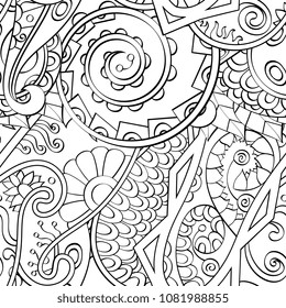 Tracery seamless pattern. Mehndi design. Ethnic monochrome binary doodle texture. Curved doodling black and white background. Vector