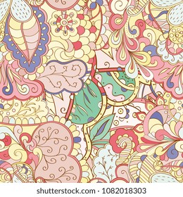 Tracery seamless pattern. Mehndi design. Ethnic colorful doodle texture. Curved doodling background. Vector