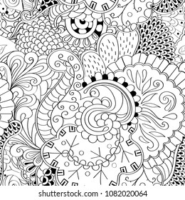Tracery seamless pattern. Mehndi design. Ethnic monochrome binary doodle texture. Curved doodling black and white background. Vector