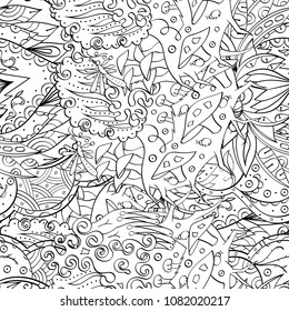 Tracery seamless pattern. Mehndi design. Ethnic monochrome binary doodle texture. Curved doodling black and white background. Vector