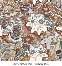 Tracery seamless pattern. Mehndi design. Ethnic colorful doodle texture. Curved doodling background. Vector