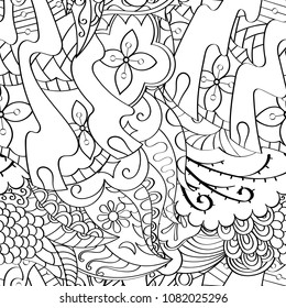 Tracery seamless pattern. Mehndi design. Ethnic monochrome binary doodle texture. Curved doodling black and white background. Vector