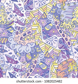 Tracery seamless pattern. Mehndi design. Ethnic colorful doodle texture. Curved doodling background. Vector
