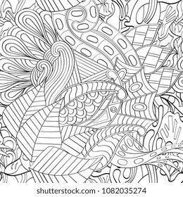 Tracery seamless pattern. Mehndi design. Ethnic monochrome binary doodle texture. Curved doodling black and white background. Vector