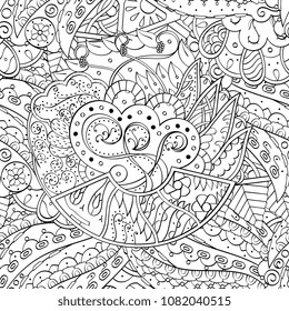 Tracery seamless pattern. Mehndi design. Ethnic monochrome binary doodle texture. Curved doodling black and white background. Vector