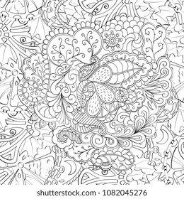 Tracery seamless pattern. Mehndi design. Ethnic monochrome binary doodle texture. Curved doodling black and white background. Vector