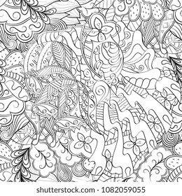 Tracery seamless pattern. Mehndi design. Ethnic monochrome binary doodle texture. Curved doodling black and white background. Vector