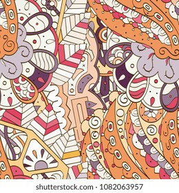 Tracery seamless pattern. Mehndi design. Ethnic colorful doodle texture. Curved doodling background. Vector
