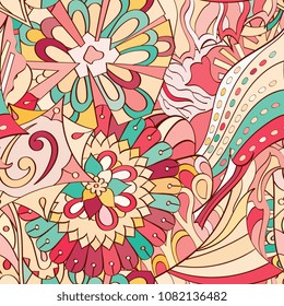 Tracery seamless pattern. Mehndi design. Ethnic colorful doodle texture. Curved doodling background. Vector
