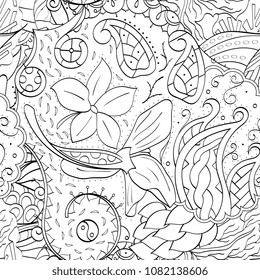 Tracery seamless pattern. Mehndi design. Ethnic monochrome binary doodle texture. Curved doodling black and white background. Vector