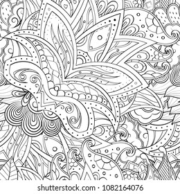 Tracery seamless pattern. Mehndi design. Ethnic monochrome binary doodle texture. Curved doodling black and white background. Vector