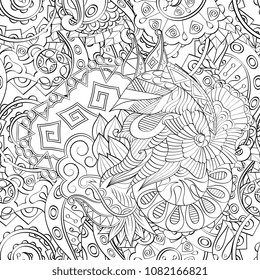Tracery seamless pattern. Mehndi design. Ethnic monochrome binary doodle texture. Curved doodling black and white background. Vector
