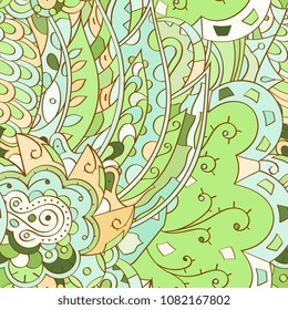 Tracery seamless pattern. Mehndi design. Ethnic colorful doodle texture. Curved doodling background. Vector