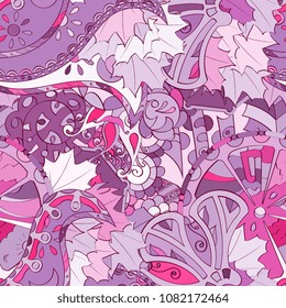 Tracery seamless pattern. Mehndi design. Ethnic colorful doodle texture. Curved doodling background. Vector