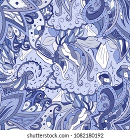 Tracery seamless pattern. Mehndi design. Ethnic colorful doodle texture. Curved doodling background. Vector