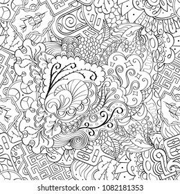 Tracery seamless pattern. Mehndi design. Ethnic monochrome binary doodle texture. Curved doodling black and white background. Vector