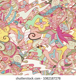 Tracery seamless pattern. Mehndi design. Ethnic colorful doodle texture. Curved doodling background. Vector