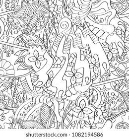 Tracery seamless pattern. Mehndi design. Ethnic monochrome binary doodle texture. Curved doodling black and white background. Vector