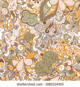 Tracery seamless pattern. Mehndi design. Ethnic colorful doodle texture. Curved doodling background. Vector