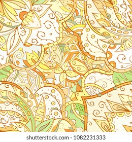 Tracery seamless pattern. Mehndi design. Ethnic colorful doodle texture. Curved doodling background. Vector