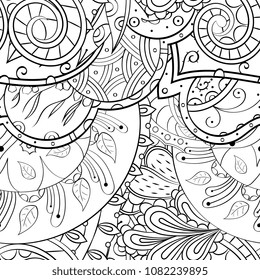 Tracery seamless pattern. Mehndi design. Ethnic monochrome binary doodle texture. Curved doodling black and white background. Vector