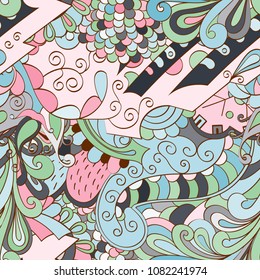 Tracery seamless pattern. Mehndi design. Ethnic colorful doodle texture. Curved doodling background. Vector