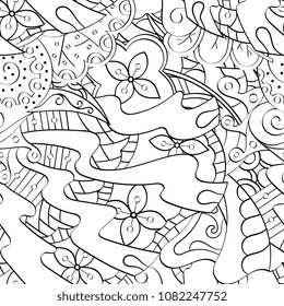 Tracery seamless pattern. Mehndi design. Ethnic monochrome binary doodle texture. Curved doodling black and white background. Vector