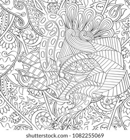 Tracery seamless pattern. Mehndi design. Ethnic monochrome binary doodle texture. Curved doodling black and white background. Vector