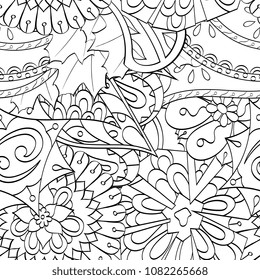 Tracery seamless pattern. Mehndi design. Ethnic monochrome binary doodle texture. Curved doodling black and white background. Vector