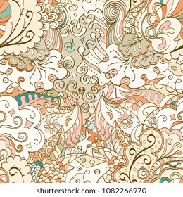 Tracery seamless pattern. Mehndi design. Ethnic colorful doodle texture. Curved doodling background. Vector
