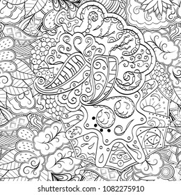 Tracery seamless pattern. Mehndi design. Ethnic monochrome binary doodle texture. Curved doodling black and white background. Vector