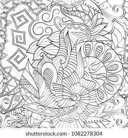 Tracery seamless pattern. Mehndi design. Ethnic monochrome binary doodle texture. Curved doodling black and white background. Vector