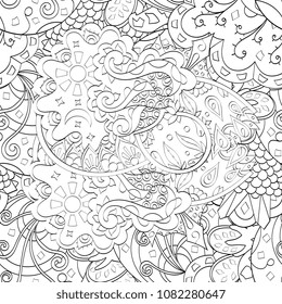 Tracery seamless pattern. Mehndi design. Ethnic monochrome binary doodle texture. Curved doodling black and white background. Vector