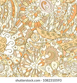 Tracery seamless pattern. Mehndi design. Ethnic colorful doodle texture. Curved doodling background. Vector