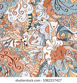 Tracery seamless pattern. Mehndi design. Ethnic colorful doodle texture. Curved doodling background. Vector