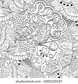 Tracery seamless pattern. Mehndi design. Ethnic monochrome binary doodle texture. Curved doodling black and white background. Vector