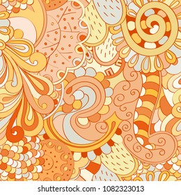 Tracery seamless pattern. Mehndi design. Ethnic colorful doodle texture. Curved doodling background. Vector