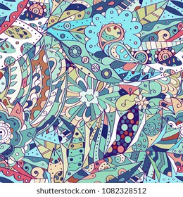 Tracery seamless pattern. Mehndi design. Ethnic colorful doodle texture. Curved doodling background. Vector